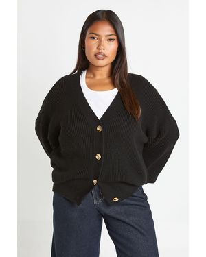 Boohoo Plus Balloon Sleeve Button Through Rib Cardigan - Negro