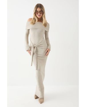 MissPap Knitted Bardot Wrap Front Midi Dress - Gray