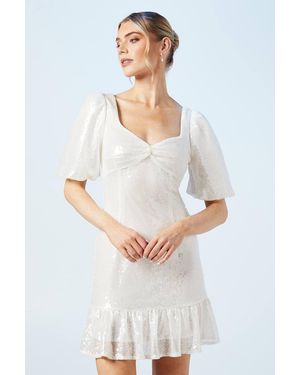 Oasis Sweetheart Puff Sleeve Sequin Bridal Mini Dress - White