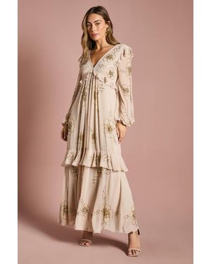 Coast V Neck Embellished Flower Tiered Georgette Midi Dress - Brown