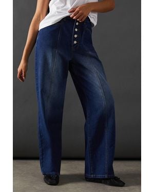 Warehouse High Waisted Button Fly Seam Detail Dad Jeans - Blue