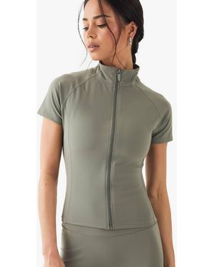 Boohoo Ultra Sculpt Zip Through Short Sleeve Top - Gray