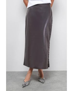 Warehouse Faux Leather Whipstitch Detail Midi Skirt - Gray