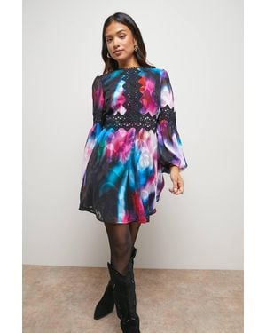 Oasis Petite Printed Dobby Chiffon Lace Detail Mini Dress - Blue