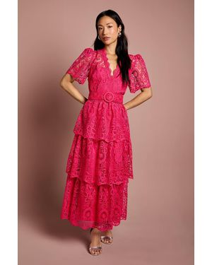 Coast Short Sleeve V Neck Tiered Lace Midi Dress - Pink