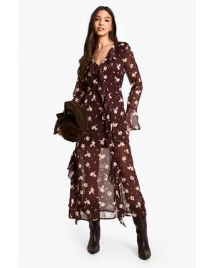 Boohoo Dark Floral Ruffle Midaxi Dress - Brown