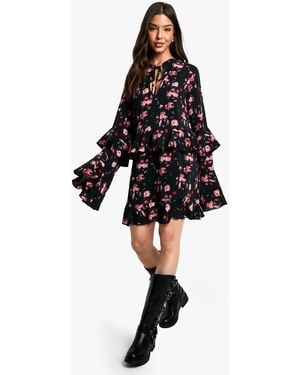 Boohoo Floral Printed Long Sleeve Keyhole Detail Skater Dress - Black