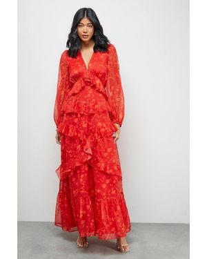 Warehouse Print Chiffon Plunge Neck Ruffle Detail Volume Sleeve Maxi Dress - Red