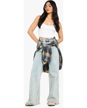 Boohoo Washed Frayed Hem Wide Leg Jean - Blue