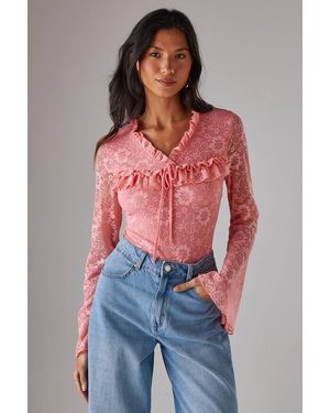 Warehouse Lace Ruffle Yoke Tie Cuff One Piece - Red