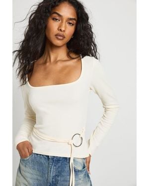 Boohoo Ribbed Long Sleeve Ring Detail Top - White