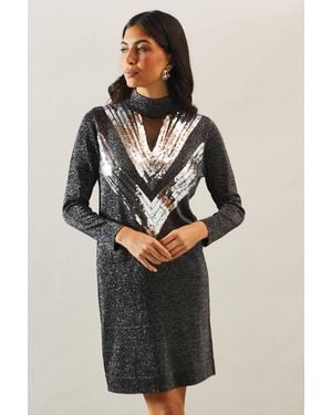 Wallis Premium Embellished Sequin Mesh Knitted Tunic Dress - Black