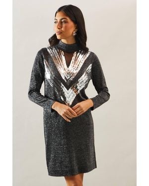Wallis Premium Embellished Sequin Mesh Knitted Tunic Dress - Black