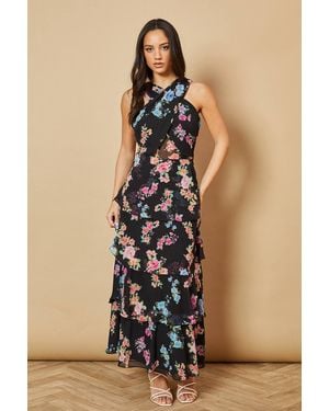 Oasis Floral Printed Halter Neck Chiffon Tiered Maxi Dress - Blue