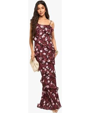 Boohoo Floral One Shoulder Ruffle Maxi Dress - Red