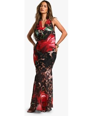 Boohoo Leopard Floral Mix Chiffon Halterneck Maxi Dress - Red