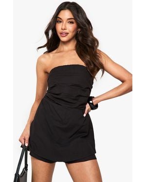 Boohoo Mono Corto Falda Pantalón Palabra De Honor De Lino Fruncido - Negro