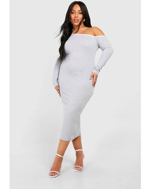 Boohoo Plus Cotton Elastance Contrast Off Shoulder Midi Dress - Gray