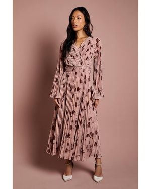 Coast Long Sleeve Chiffon Pleated Wrap Midi Dress - Brown