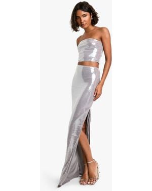 Boohoo Tall Sequin Bandeau And Maxi Skirt Co-Ord - White