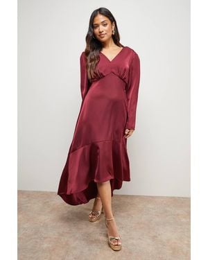 Oasis Petite Satin Puff Sleeve V Neck High Low Hem Midi Dress - Red