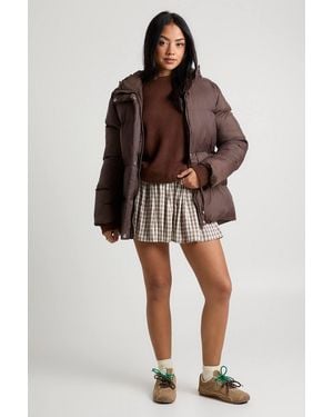 Boohoo Cinch Waist Hooded Puffer Jacket - Brown