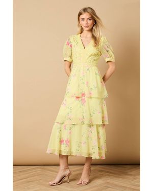 Oasis Occasion Floral Lace Bodice Tiered Midi Dress - Yellow