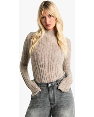 Boohoo Sheer High Neck Knitted Top - Natural