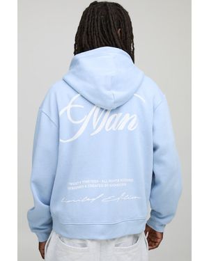 Boohoo Oversized Boxy Script Embroidered Zip Through Hoodie - Blue