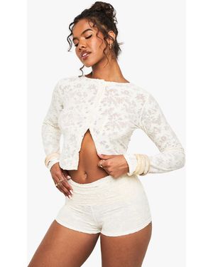 Boohoo Floral Jacquard Fold Over Waistband Mini Short - White