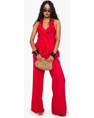 Boohoo Woven Crinkle Seam Detail Wide Leg Trouser - Red