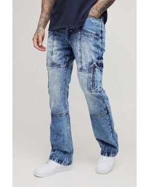 BoohooMAN Tall Acid Wash Panel Cargo Flared Jeans - Blue