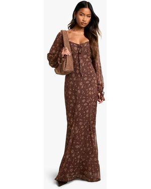 Boohoo Ditsy Floral Crinkle Chiffon Milkmaid Maxi Dress - Brown