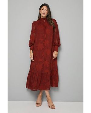 Wallis High Neck Jacquard Tie Back Midi Dress - Red
