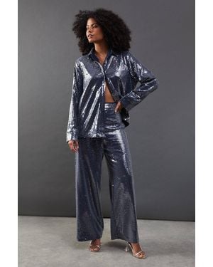 Warehouse Sequin High Waist Straight Leg Trouser - Gray