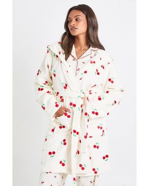 Boohoo Matching Family Cherry Print Fleece Hooded Short Bathrobe/Robe - White