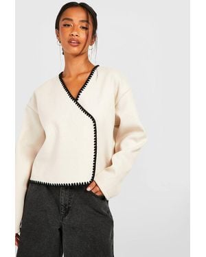 Boohoo Petite Contrast Stitch Wool Look Boxy Jacket - White