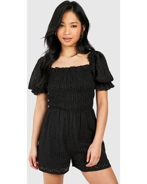 Boohoo Petite Broderie Puff Sleeve Playsuit - Black