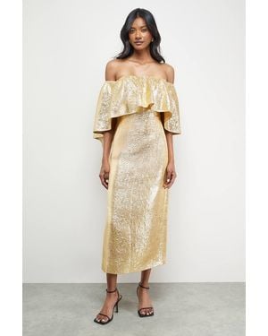 Warehouse Metallic Jacquard Volume Bardot Midi Dress - Natural