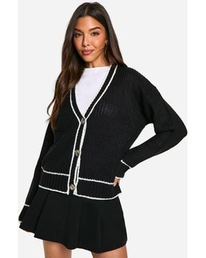 Boohoo Fisherman Knitted Contrast Piping Cardigan - Black