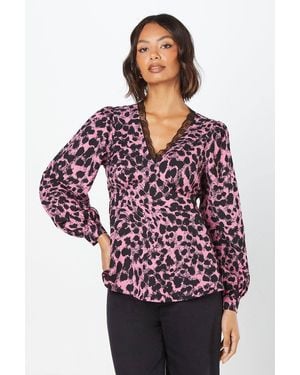 Dorothy Perkins Abstract Lace Trim V Neck Blouse - Red