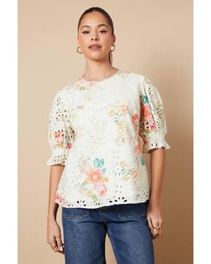 Oasis Floral Broderie Detail Blouse - Blue