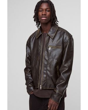 BoohooMAN Slim-Fit PU-Bikerjacke in Khaki - Schwarz