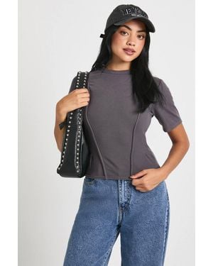 Boohoo Rib Cinched Waist Seam Detail Fitted Top - Blue