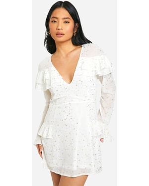Boohoo Petite Star Ruffle Detail Plunge Mini Dress - White