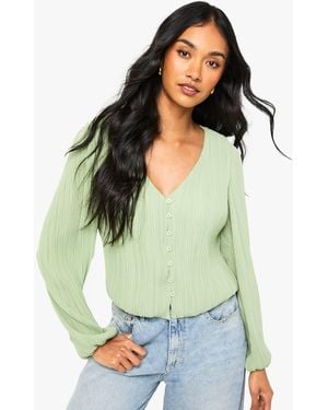 Boohoo Plisse Button Through Blouse - Green