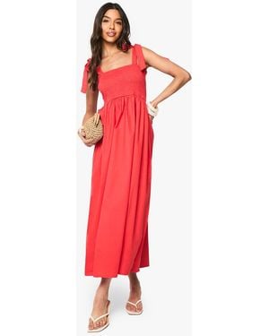 Boohoo Tie Strap Shirred Poplin Maxi Dress