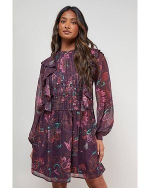 Oasis Printed Frill Detail Chiffon Mini Dress - Purple