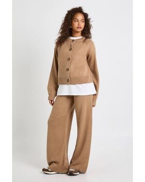 Boohoo Crew Neck Knitted Chunky Cardigan And Wide Leg Trouser Co-Ord - White