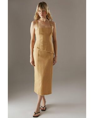 Warehouse Buckle Detail Raw Edge Seamed Midi Dress - Natural